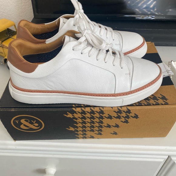 The Nathan Casual White & Cognac Colored Trim Comfy Sneaker by Thomas & Vine - Picture 3 of 6
